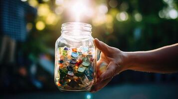 Closeup of a hand holding a glass jar about to be recycled. photo