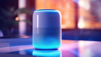 Closeup of a voiceactivated smart speaker with LED lights indicating it is processing a command. photo