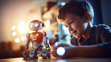 Closeup of a miniature robot being programmed by a young teenager. photo