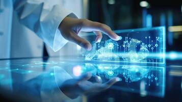 Intricate closeup of a doctors finger tapping a holographic medical display to zoom in on a specific area of interest. photo