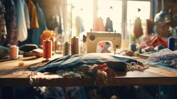 Closeup of a cluttered workbench in a fashion designers studio, covered in scissors, threads, and fabric remnants. photo
