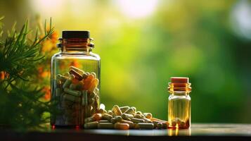 Closeup of a bottle of herbal supplements, emphasizing the rise of alternative, natural remedies for health concerns. photo
