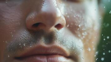 Extreme closeup of a mans nose covered in a hydrating face mask, with small droplets visible. photo