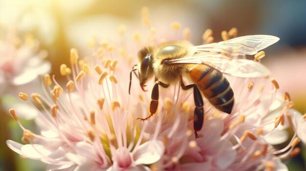 Macro shot of a bee collecting pollen from a stunted flower, emphasizing the disruption of pollination patterns caused by changing weather. photo