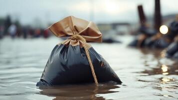 Closeup of a sandbag being filled and tied to create a barrier against potential flooding. photo
