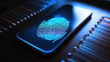 Closeup of a fingerprint sensor on a smartphone, used to authenticate access to medical records and data collected by an AIpowered diagnostic tool. photo
