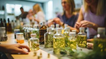 Macro image of a handson workshop where participants are learning how to make their own natural cleaning products. photo