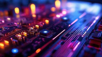 Closeup of a circuit board with colorful LED lights lighting up different pathways. photo
