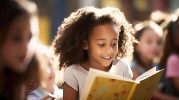 Closeup of a teen reading to children at an afterschool program photo