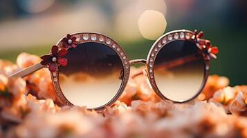 Closeup of a pair of statement sunglasses, with oversized circular frames and rose gold accents. photo