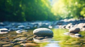 Closeup of a smooth river rock, sitting peacefully beside a calming stream, representing the balance and grounding that can be found at the retreat. photo