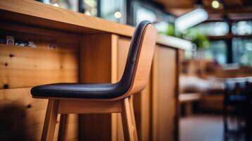 Closeup of a wooden chair with a builtin cushion tucked under a desk in a tiny house home office. photo