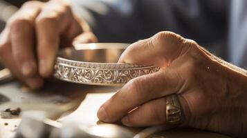 Closeup of a jewelry designer using precision tools to carefully etch a design into a silver bangle. photo