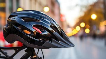 Upclose image of a bike helmet adorned with reflective stickers for safe city riding. photo