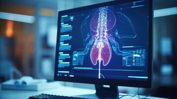 Macro view of a patients anatomy displayed on a computer screen, as captured and analyzed by AIassisted surgical software. photo