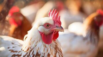 Closeup of a chickens vibrant feathers, a result of proper nutrition and care. photo