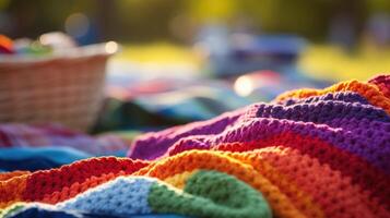 Closeup of a vibrant and overflowing picnic blanket, showcasing a sense of community and togetherness a festivalgoers. photo
