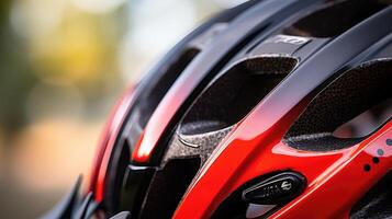 Closeup of a bike helmet with adjustable ss and ventilation holes. photo