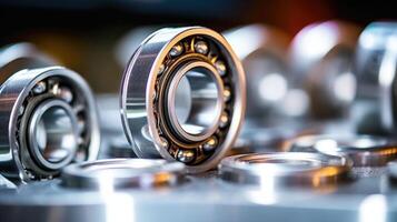 Closeup of a set of silver skate bearings with protective shields. photo