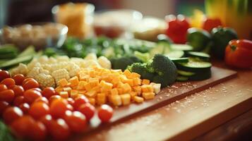 Closeup of a ting board with a variety of fresh produce, ready to be chopped and cooked for baby food. photo