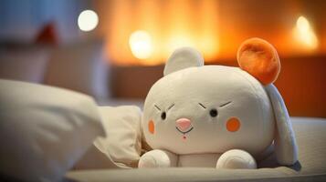 Extreme closeup of a e plush toy with integrated AI technology, functioning as a smart sleep companion for babies. photo