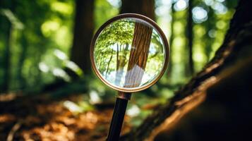Closeup of a magnifying glass over a tree trunk, highlighting the importance of preserving forests for the planet. photo