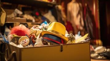Closeup of a prop box overflowing with various objects and costumes, waiting to be incorporated into the immersive theater performance. photo