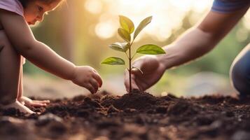 Closeup of a parent and child working together to insert a smart plant sensor into the ground. photo