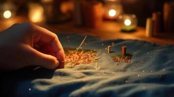 Detailed shot of a hand holding a needle and thread, sewing tiny stitches onto a fabric patch depicting a memorable scene from a beloved show. photo