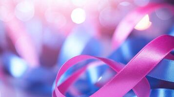Closeup of a pink and blue ribbon tied together, symbolizing the interconnectedness of all genders and the need for equal rights for all. photo