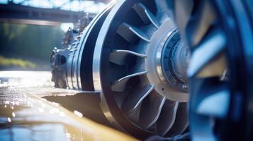 Detailed shot of a hydropower turbine, demonstrating the use of water to generate electricity. photo