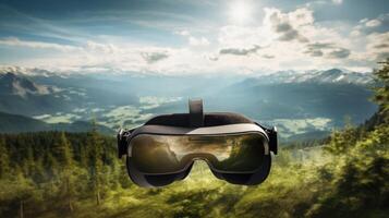 Tight shot of a virtual reality game screen, displaying a lifelike, expansive landscape with endless possibilities. photo