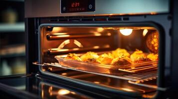 Detailed look at a smart ovens interior, showcasing its selfcleaning feature and multiple cooking modes. photo