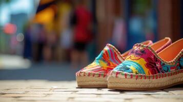 Closeup of a colorful pair of patterned espadrilles, perfectly capturing the vibrant energy of a busy street corner. photo