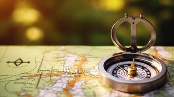 Closeup of a map and compass, essential tools for navigating through the wilderness without relying on technology. photo