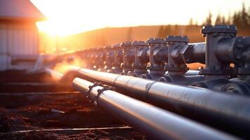 Closeup of a geothermal energy system, with pipes deep into the ground extracting natural heat. photo