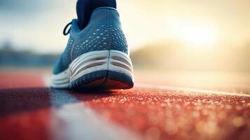 Closeup of a running shoe on a track, representing the importance of perseverance and dedication in achieving personal and professional growth goals. photo