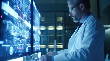 Tight shot of a doctor analyzing medical data shown on a hightech holographic display. photo