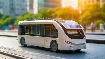 Closeup of a selfdriving shuttle bus with solar panels on its roof. photo