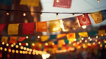 Closeup of celebratory decorations, such as lanterns and colorful flags, representing the joy and unity in cultural diversity. photo