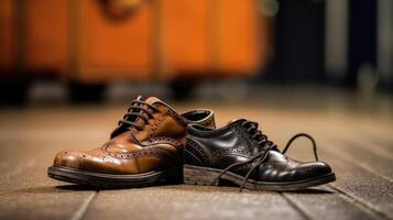 Closeup of a pair of worn out shoes, one with a briefcase and the other with a childs toy peeking out, symbolizing the constant movement and running between work and family obligations. photo