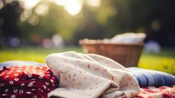Closeup of a cozy blanket spread out on the grass, surrounded by picnic baskets. photo
