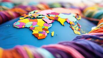 Closeup of a map of the world with different colored threads woven between countries, representing international peace efforts. photo