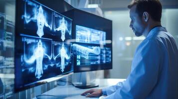 Closeup of a dentist evaluating a virtual simulation of a patients potential treatment plan generated by AI dental software. photo