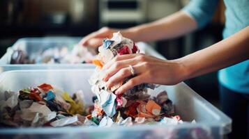 Closeup of a hand separating paper and plastic materials to be recycled into different bins. photo
