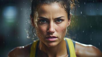 Closeup of a womans sweaty face after a challenging workout, with determination in her eyes. photo
