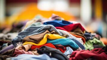 Closeup of a pile of used clothing, representing volunteering at a thrift store or donating clothes to those in need. photo