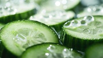 Closeup of a sliced cucumber, p on a bed of ice cubes, highlighting its cooling effect on the skin. photo