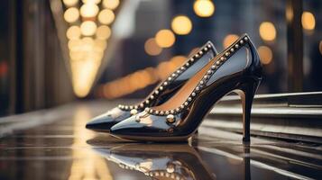 Closeup of a sophisticated pair of pointedtoe pumps, standing on a subway grate and reflecting the passing train below. photo