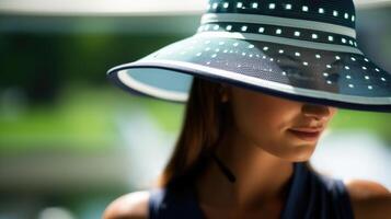 Closeup of a stylish hat with embedded sensors that can monitor UV exposure and provide realtime weather updates. photo